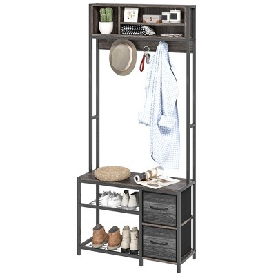 Aghana Digitals 5-in-1 Weathered Gray Oak Entryway Hall Tree: Bench, Coat Rack, 3 Shelves, 2 Fabric