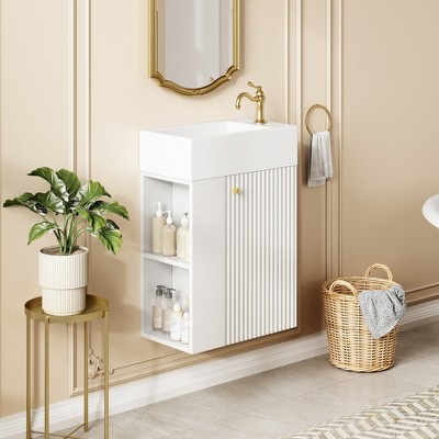 TIRAMISUBEST 18.5 inch Modern Floating Bathroom Vanity with Resin Basin, Wall Mounted Bathroom Vanity Cabinet with 1 Door and Side Storage Shelves