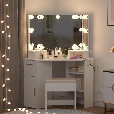 White Corner Makeup Vanity Set - Lighted Mirror, Power Outlets, Cushioned Stool & Brush Holder, Small Space Dressing Table
