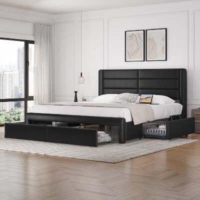 Yaheetech Upholstered Bed Frame with 3 Storage Drawers and Built-In USB Ports