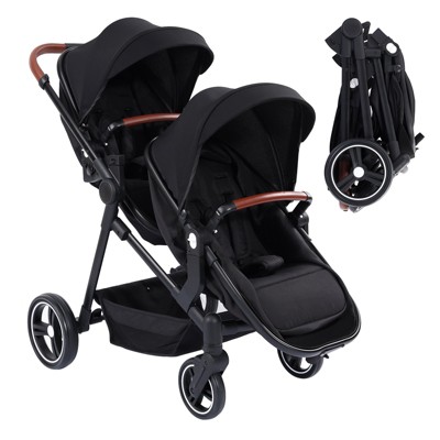 Double Stroller for Infants and Toddlers, Reversible Pushchair Bassinet Pram with Large Storage Basket