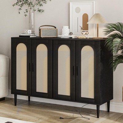 Rattan Sideboard Buffet Cabinet, 4 Doors Accent Storage Cabinet, Console Table Coffee Bar with Power Outlet, Adjustable Shelves