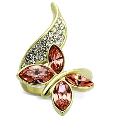 Slickblue Single-Tone IP Gold Stainless Steel Butterfly Ring with Light Peach Synthetic Crystal – size 5-10