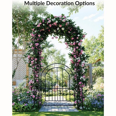Acekool 7 FT Garden Trellis & Wedding Arch with Gate, Elegant Black Metal Arbor for Climbing Roses, Flowers, Backyard, Patio, or Lawn Ceremonies