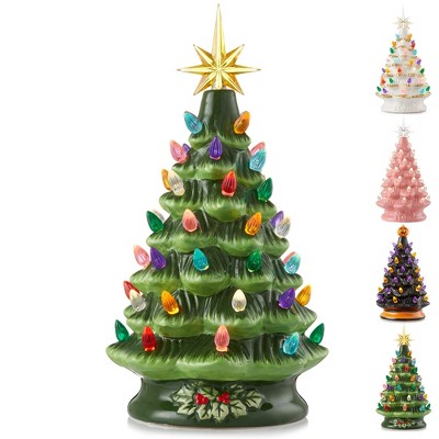 Casafield Hand Painted Ceramic Christmas Tree, 12-Inch Pre-Lit Tree with 100 Multi Color Lights and 2 Star Toppers