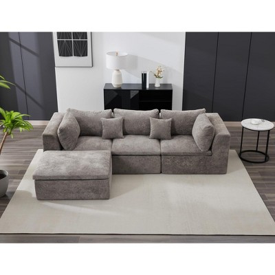 4 Seat Upholstered Modular Sectional Sofa Couch Set, L Shaped Free Combination Sleeper Sofa, 110" Oversized Sofa with Movable Ottoman & Pillows