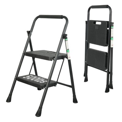Itopfox 2 Step Ladder, Portable Steel Folding Step Stool with Wide Anti-Slip Pedal & Handgrip, 500lbs Capacity, Black