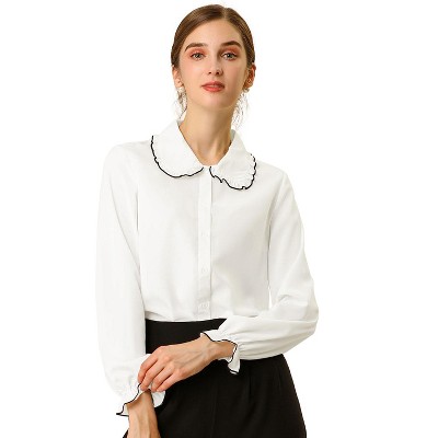 Allegra K Women's Sweet Ruffle Peter Pan Collar Long Sleeves Button Down Shirt