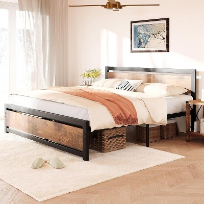 Full Size Bed Frame, Industrial Full Bed Platform, Wooden Headboard, Noise Free Mattress, No Box Spring Needed, Easy Assemble, Rustic Brown