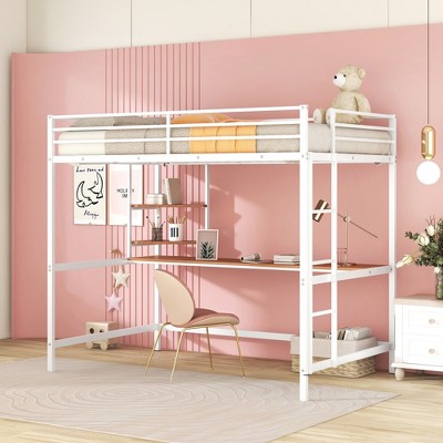 Full Size Metal Loft Bed with Desk and Shelve