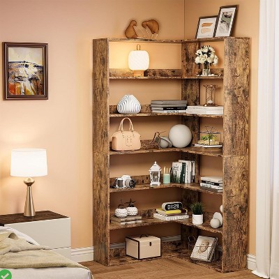 6-Tier Corner Bookcase – L-Shaped Woodgrain Open Display Shelf with Side Panels for Living Room & Home Office