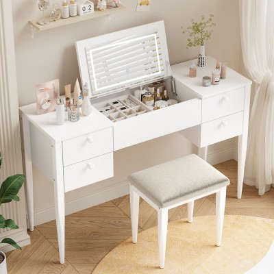 GustoWave Makeup Vanity Desk with Mirror and Lights, 3 in 1 Make Up Vanity Table with Lighted Mirror, 3 Lighting Mode, Flip Top Vanity Set with Stool