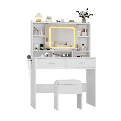 Makeup Vanity Desk with Sliding Mirror, Modern Makeup Vanity, 2 Drawer and Soft Cushioned Stool, 3 Lighting Modes Adjustable, for Bedroom
