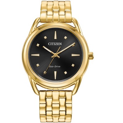 Citizen Ladies Eco-Drive Dress Classic Watch, Black Dial, Gold-Tone Stainless Steel Case and Bracelet, 3 Hand