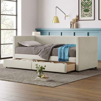 Twin Size 80" Daybed with Drawer, Modern corduroy-tufted Linen Day Bed, Upholstered Daybed Frame for Bedroom, Living Room