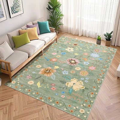 Washable Boho Floral Area Rug, Soft Low-Pile Non-Shedding Carpet for Living Room, Kitchen, Bedroom & Nursery