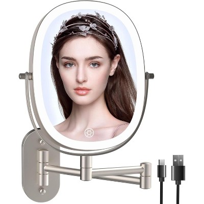 FUNTOUCH Rechargeable Lighted Oval Wall Mounted Makeup Mirror 2-Sided 1X/7X Magnifying 3 Lights Option Dimmable Extended Foldable Arm