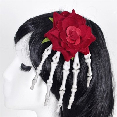 Clotth Halloween Rose Hands Hair Clips - Dual Use as Hair Clip and Brooch, Halloween Accessory, Plastic Decoration - Red Flower