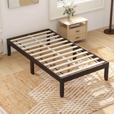 Costway Twin/Full/Queen Size Wooden Platform Bed Frame 14" with Rubber Wood Legs Under-bed Storage Brown