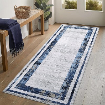 Washable Living Room Rug with Distressed Modern Border, Non-Slip, Soft Decorative Accent Carpet, Contemporary Minimalist Design for Bedroom Floor.
