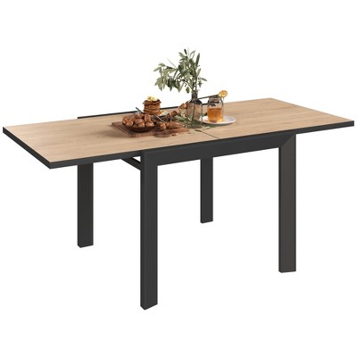 Outsunny 35.5"-71" Expandable Outdoor Dining Table for 4-6 People, Aluminum Patio Table with Slatted Wood Grain Top for Backyard, Porch, Deck, Natural