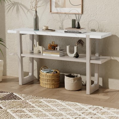 KWPZQEB 2-Tier Console Table, Entryway Table with Storage Shelves and Marble-Effect Top, Narrow Sofa Tables for Living Room, Hallway