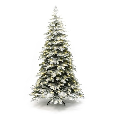LuxenHome 6Ft Pre-Lit Flocked Artificial Spruce Christmas Tree with Metal Stand Green