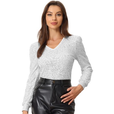 INSPIRE CHIC Women's V Neck Long Sleeve Party Metallic Sparkly Sequin Top