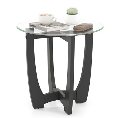 Tangkula 23.5" Round Side Table w/ Glass Tabletop Cross-shaped Solid Rubber Wood Frame