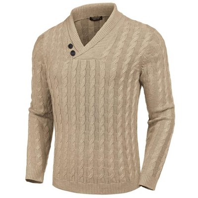 COOFANDY Men's Shawl Collar Pullover Sweater Slim Fit Casual Button Cable Knit Sweaters