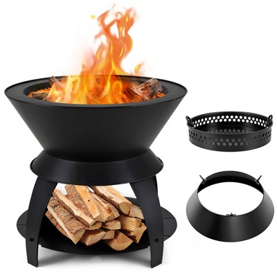 Tangkula 3-in-1 Patio Fire Pit 20" Metal Camping Fire Bowl w/ Pot Holder & Storage Shelf