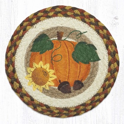 Earth Rugs Farmhouse Fall Table Trivet – Hand-Stenciled Pumpkin & Sunflower Jute Mat