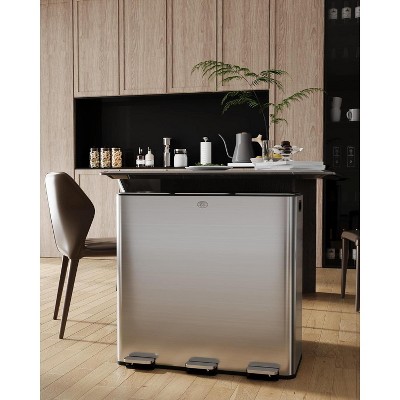 60L Three Compartment Trash Can with Soft-Close Lid, Rectangle Step Trash Can, Fingerprint-Resistant Stainless Steel Garbage Bin for Kitchen