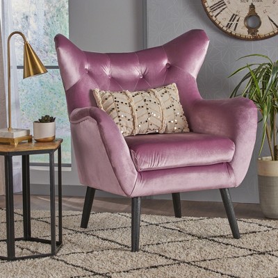 Velvet Mid-Century Modern Wingback Arm Chair with Oak Wood Frame, and Semi-Soft Seat