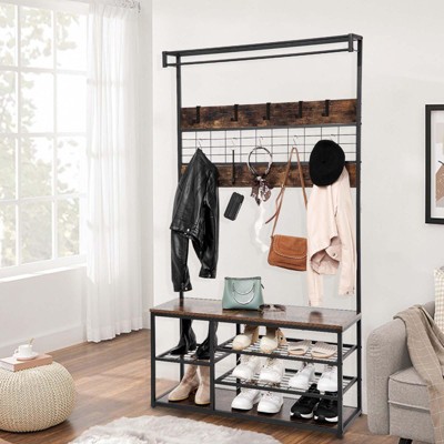 Entryway Coat Rack with 5 Storage Shelves, 3-In-1 Hall Tree with Storage Bench, 5 Remove Hooks, Sturdy Steel Frame