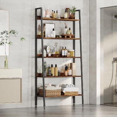 Tall Bookshelf, 5-Tier Bookcase with Open Shelves, Farmhouse Wood Storage Rack with Adjustable Feet, Metal Frame Book Shelf Organizer for Bedroom