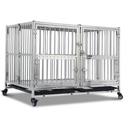 48-in Heavy Duty Dog Crate Cage Kennel with Wheels, Full Stainless Steel High Anxiety Indestructible Dog Crate, Sturdy Locks Design, Silver