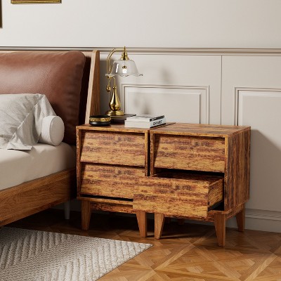 Sapphtopaz Retro Night Stand Set 2 with Storage Drawers Mid Century Modern Bedside Table with Bevel Design Nightstand for Living Room, Bedroom