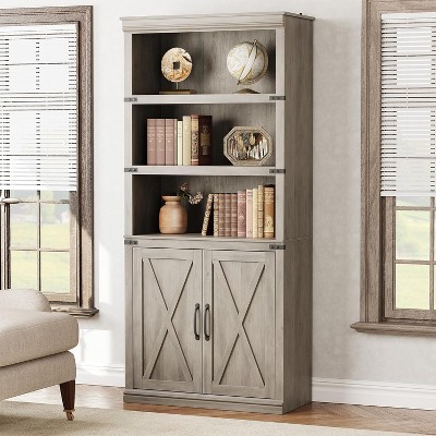Garvee Farmhouse Wooden Bookcase with 5 Open Shelves and Closed Cabinets, Durable Engineered Wood Storage Shelf