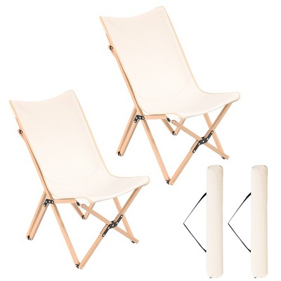 Costway Bamboo Butterfly Folding Chair Set of 2 with Storage Pocket 330 LBS Capacity Black/Beige