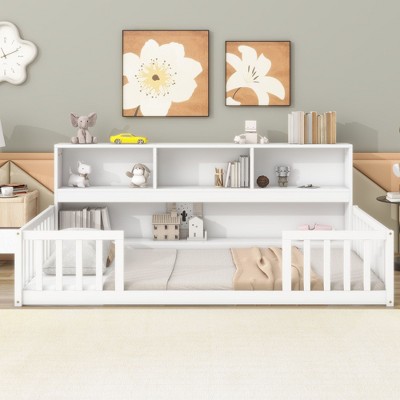 CAVINAS Twin/Full Size Bed Frame with Bedside Bookcase & Guardrails,Storage Floor Bed for Kids Room,Bedroom