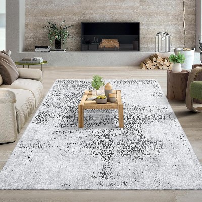 Washable Paisley Area Rug - Vintage Floral Distressed Low Pile Carpet, Non Slip Foldable Rug for Living Room Bedroom Dining Office