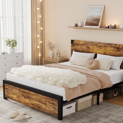 Full/Queen/King Size Bed Frame with Wood Headboard, Platform Bed Frame with Under Bed Storage and Metal Legs, Noise Free, No Box Spring Needed