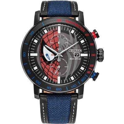 Citizen Men's Eco-Drive Spider-Man Watch, Blue Nylon & Leather Strap, Red and Black Dial