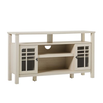 Transitional 58in2-Door Sideboard with Windowpane Design, Ivory Oak