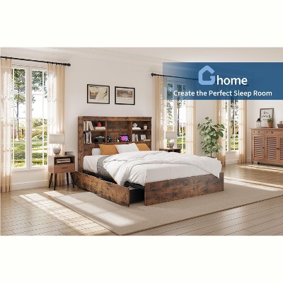 Coucheta Storage Bed Frame - Bookcase Headboard & 4 Drawers, Built-in Charging, Wood/Metal Frame, No Box Spring