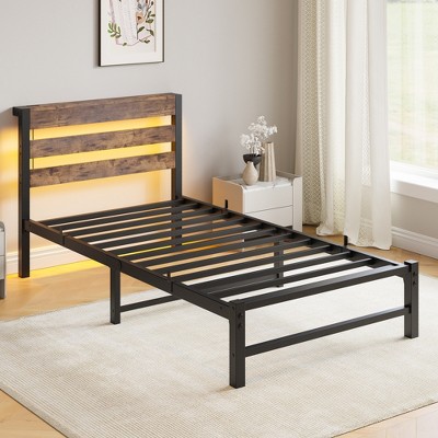 KWPZQEB Twin/Full/Queen Bed Frame with Headboard, Metal Platform Bed with Smart LED Lights and USB Charging Station, No Box Spring Needed