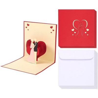Best Paper Greetings 6-Pack Red 3D Bride & Groom Heart Wedding Greeting Congratulations Cards with Envelopes 4.7x4.7 in