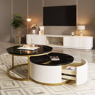 NicBex Nesting Modern Coffee Table Set of 2, Round Fluted Side Table with Storage Drawer for Living Room Small Space