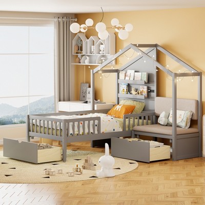 Twin Size House Bed with Upholstered Sofa and Charging Station